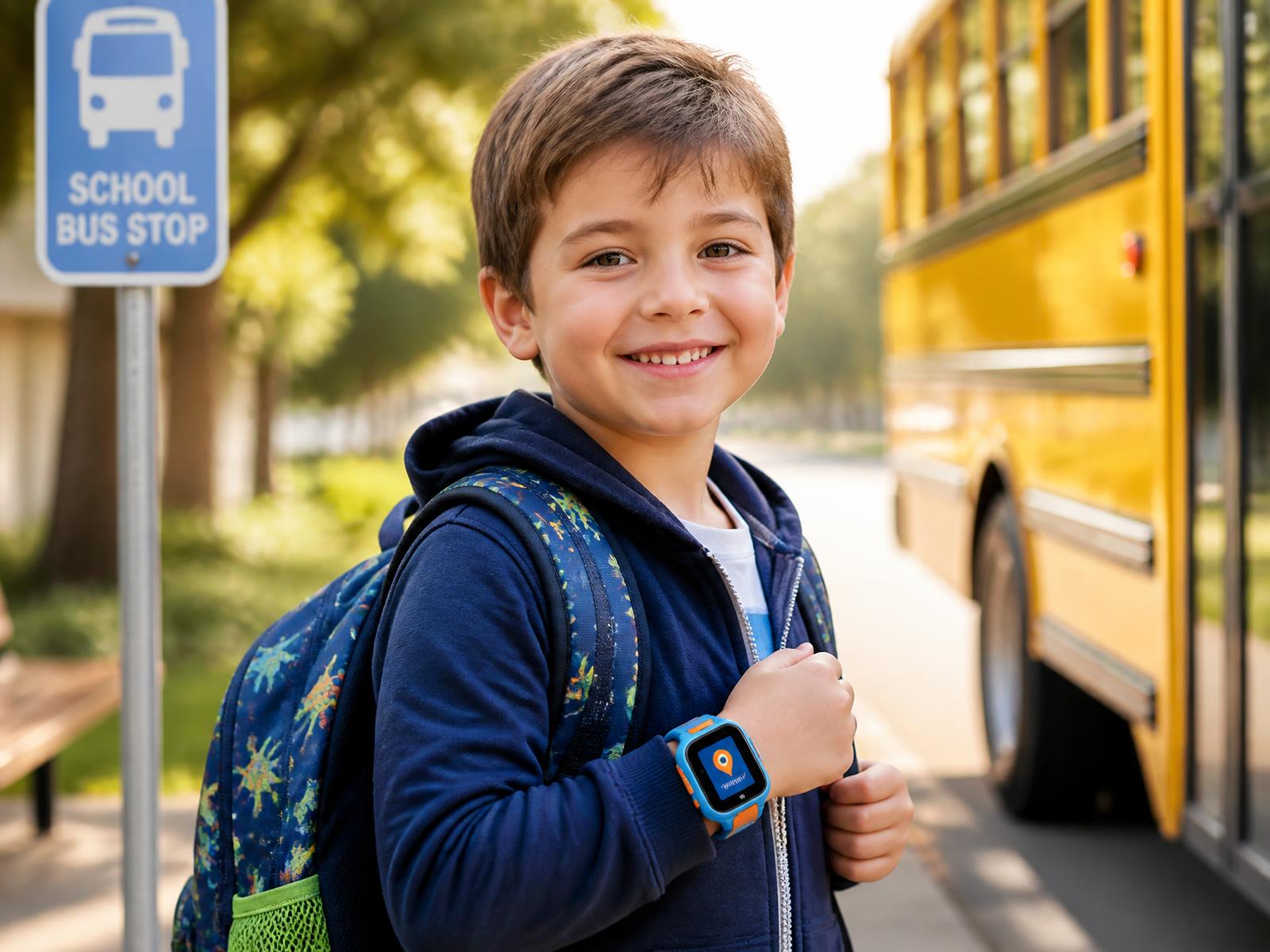 Enfant portant sa montre GPS avant de monter dans l’autobus scolaire